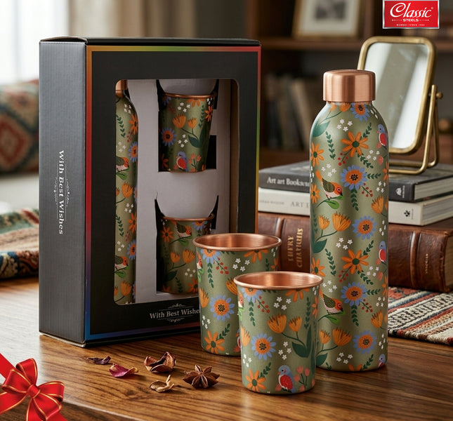 Elegant Ethnic Green Copper Water Bottle Set with 2 Glasses - 1L Capacity Best Gift For Diwali, Wedding Anniversary And All Other Occasions.