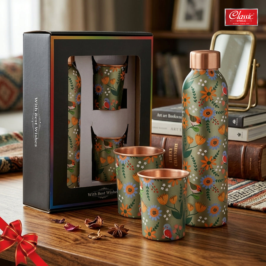 Elegant Ethnic Green Copper Water Bottle Set with 2 Glasses - 1L Capacity Best Gift For Diwali, Wedding Anniversary And All Other Occasions.