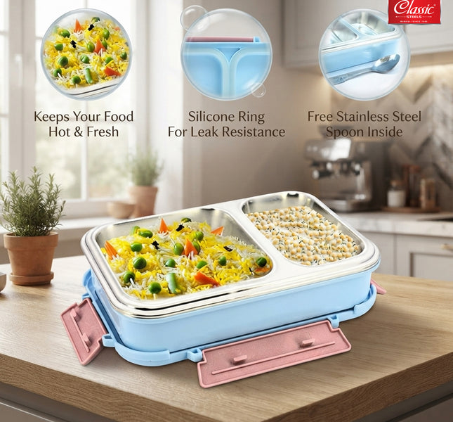 Bento Duo Lunch Box for Kids 2 Compartments Stainless Steel Insulated Tiffin Box with Spoon
