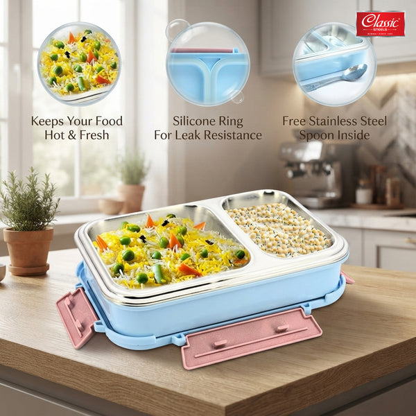 Bento Duo Lunch Box for Kids 2 Compartments Stainless Steel Insulated Tiffin Box with Spoon