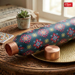 Blue Floral Printed Pure Copper Water Bottle 1 Litre  Lightweight, Leak-Proof Antibacterial