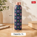 Blue Floral Printed Pure Copper Water Bottle 1 Litre  Lightweight, Leak-Proof Antibacterial