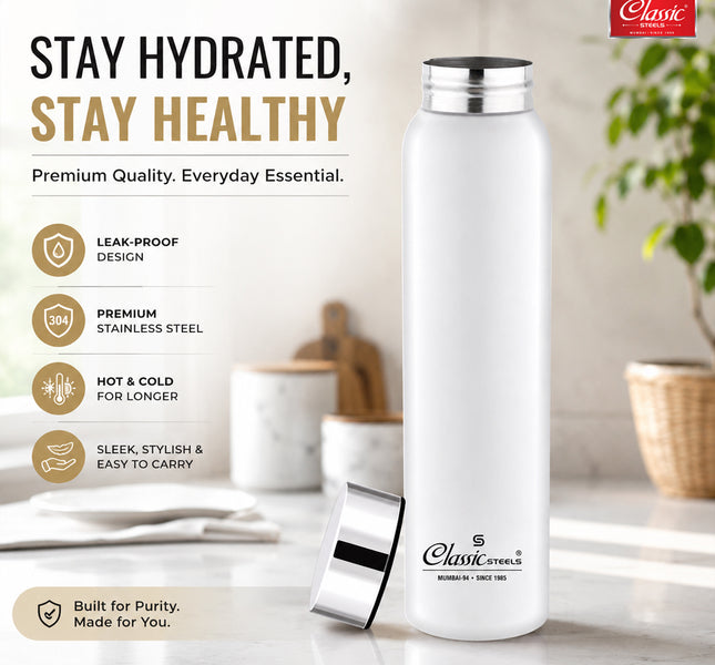 Single Wall Stainless Steel JointLess Bottle - Premium Leak Proof Water Bottle White Color Pack of (2)