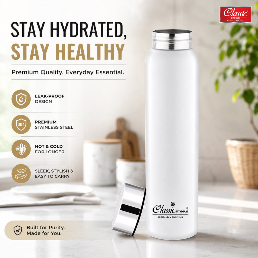 Single Wall Stainless Steel JointLess Bottle - Premium Leak Proof Water Bottle White Color Pack of (2)