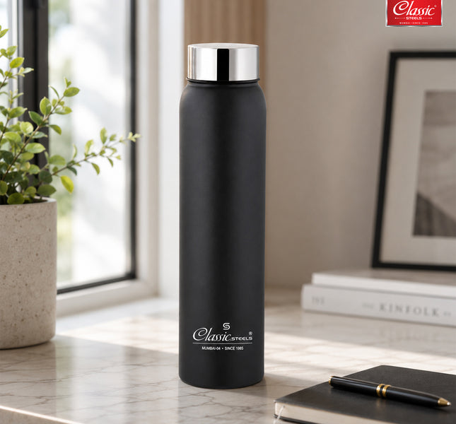 Single Wall Stainless Steel Jointless Bottle - Premium Leak Proof Water Bottle Dual Tone Black Color Pack of (1