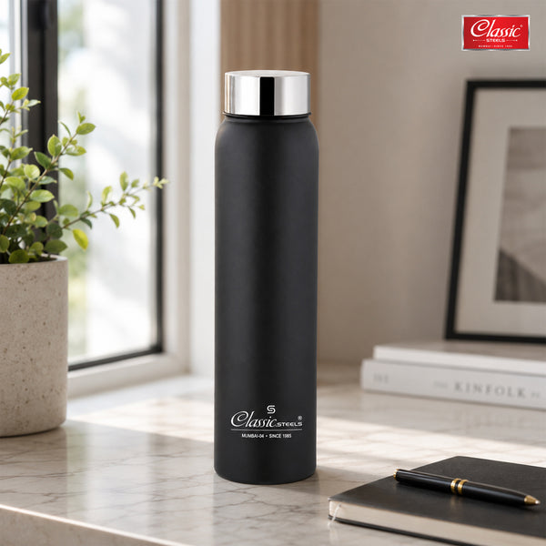Single Wall Stainless Steel Jointless Bottle - Premium Leak Proof Water Bottle Dual Tone Black Color Pack of (1