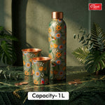 Elegant Ethnic Green Copper Water Bottle Set with 2 Glasses - 1L Capacity Best Gift For Diwali, Wedding Anniversary And All Other Occasions.