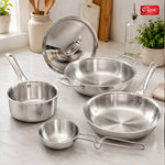 Stainless Steel 22 cm Triply Cookware Gift Set (5 Pieces) with Glass Lid, Fry Pan, Kadai, Saucepan, Tadka Pan Food-Grade Tri-Ply