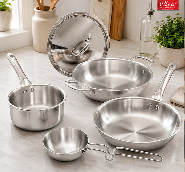 Stainless Steel 22 cm Triply Cookware Gift Set (5 Pieces) with Glass Lid, Fry Pan, Kadai, Saucepan, Tadka Pan Food-Grade Tri-Ply