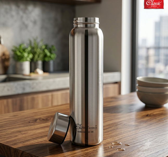 1 LTR Single Wall Stainless Steel Jointless Bottle - Premium Leak Proof Water Bottle Glossy Silver Color Pack of (1)