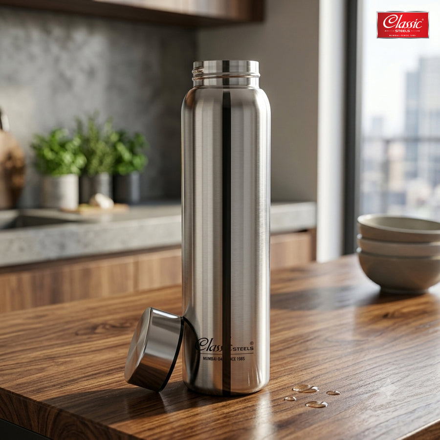 1 LTR Single Wall Stainless Steel Jointless Bottle - Premium Leak Proof Water Bottle Glossy Silver Color Pack of (1)