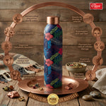 Blue Floral Printed Pure Copper Water Bottle 1 Litre