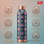 Blue Floral Printed Pure Copper Water Bottle 1 Litre  Lightweight, Leak-Proof Antibacterial