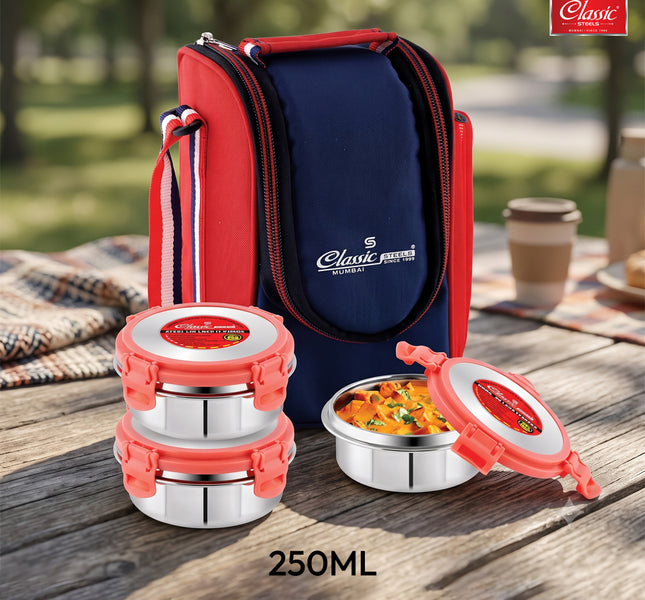 Classic Steels Lock It Stainless Steel Lunch Box Detachable Four Side Locking for Easy Opening 3 Containers Lunch Box, Blue
