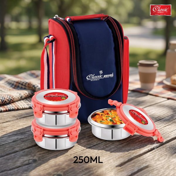 Classic Steels Lock It Stainless Steel Lunch Box Detachable Four Side Locking for Easy Opening 3 Containers Lunch Box, Blue