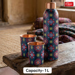 Elegant Ethnic Green Copper Water Bottle Set with 2 Glasses - 1L Capacity Best Gift For Diwali, Wedding Anniversary And All Other Occasions.