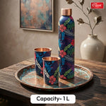 Elegant Ethnic Green Copper Water Bottle Set with 2 Glasses - 1L Capacity Best Gift For Diwali, Wedding Anniversary And All Other Occasions.