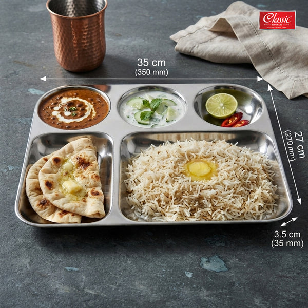 5-in-1 Stainless Steel Vatika Bhojan Thali Sets Round Dinner Plate with Compartment