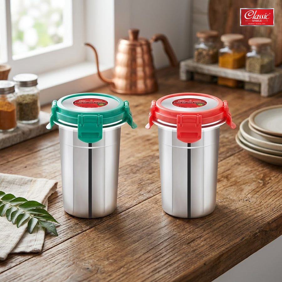 Stainless Steel Air Tight, 100% Leak Proof, BPA Free, Rust Proof Tumbler with Steel Lid | Glass with Lid 4 Side Clip Lock and Extra Lock It Clip Inside