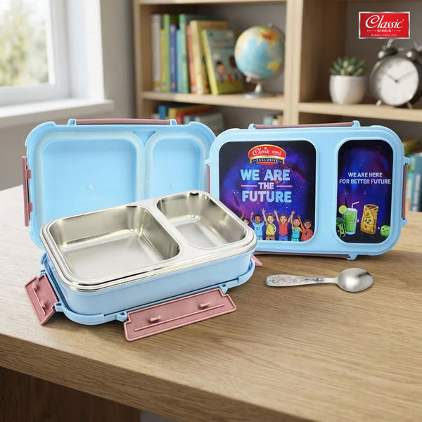 Bento Duo Lunch Box for Kids 2 Compartments Stainless Steel Insulated Tiffin Box with Spoon