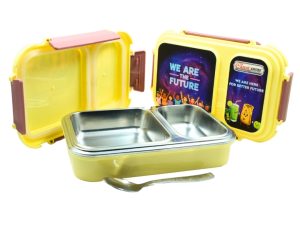 Classic Steels Bento Duo Lunch Box for Kids (750ml) - We Are The Future | 2 Compartments Stainless Steel Insulated Tiffin Box with Spoon | Leak-Proof Silicone Seal | School Lunch Box