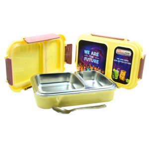 Classic Steels Bento Duo Lunch Box for Kids (750ml) - We Are The Future | 2 Compartments Stainless Steel Insulated Tiffin Box with Spoon | Leak-Proof Silicone Seal | School Lunch Box