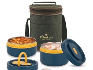 Classic Steels Sattvic Insulated Stainless Steel Lunch Box 2 Containers 350 ml Each & 1 Spoon | Microwave Safe | Leak Proof Air Tight Hot Lunch Box| Keep Your Meal Fresh and Hot Upto 4 Hours