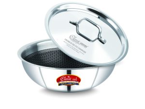 Classic Steels HEXA COMB Triply Stainless Steel Tasla with Steel Lid | Induction & Gas Compatible | Durable, Rust-Free | Healthy Oil-Free Cooking | 2.5mm Thickness