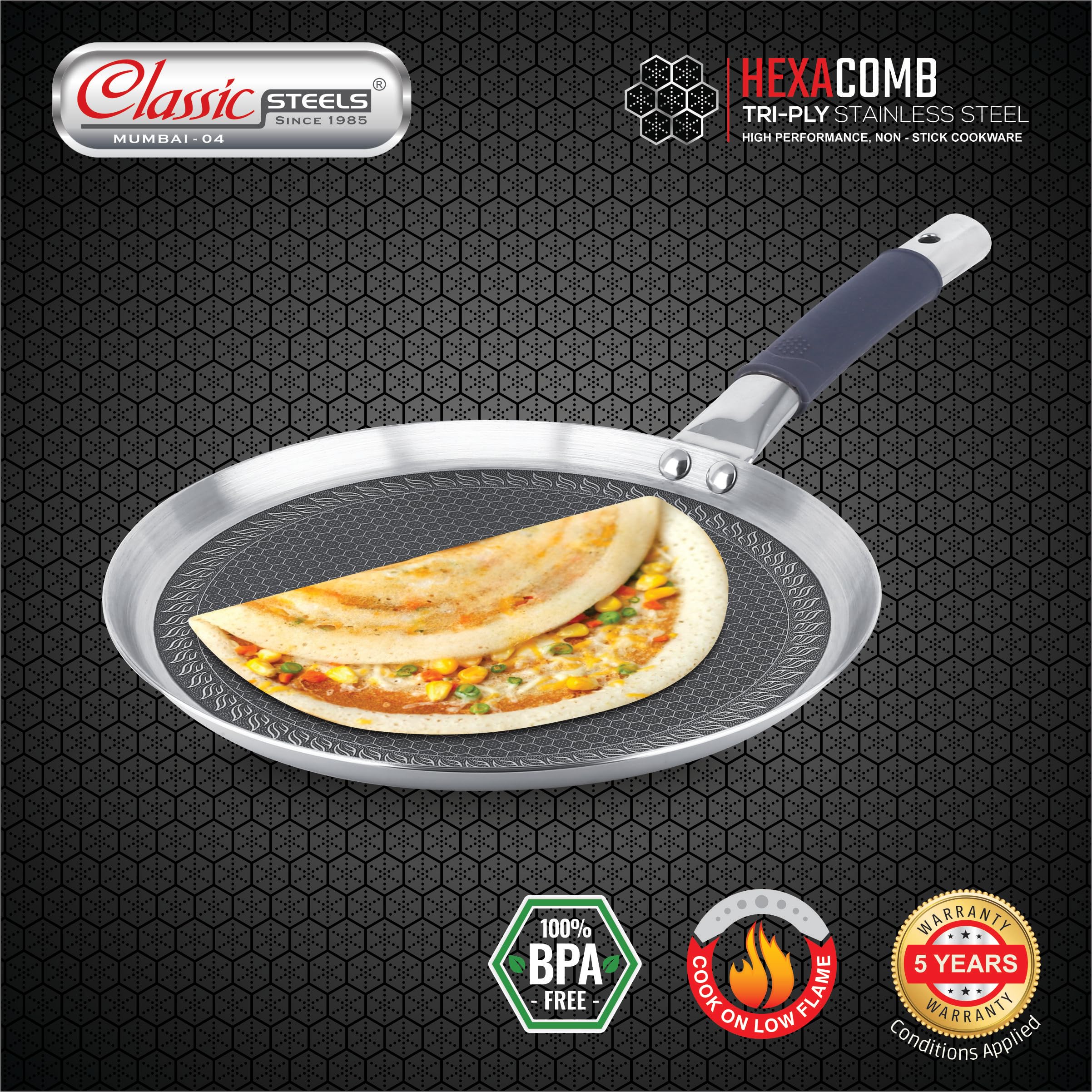Classic Steels Hexa Comb Triply Dosa Tawa 3.5mm Thick, Non-Stick, Induction & Gas Compatible, Stainless Steel Dosa Tawa for Crispy Dosas & Healthy Cooking | Durable Stay Cool Silicon Handle