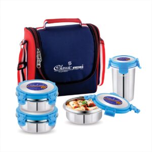 Classic Steels Stainless-Steel Lunch Box 3+1 Tumbler with Bag | Stainless-Steel Leak-Proof Containers | Full Meal Boxes (Container Size 350mlx3 & Tumbler Glass 370mlx1