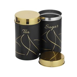 Classic Steels Premium Long Tea & Sugar Canister Set (850ml) (Black) | Airtight Kitchen Canisters Stainless Steel Storage Jars with Gold Lid & Label | Matte Finish Kitchen Storage Container Set