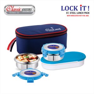 Classic Steels Carry Fresh Stainless Steel 3 Lunch Box | 3pc Set (250ml x 2 + 450ml x 1 Chapati Dabba) | Tiffin for Office, School & College with Food Grade Steel | Leakproof & Dishwasher Safe