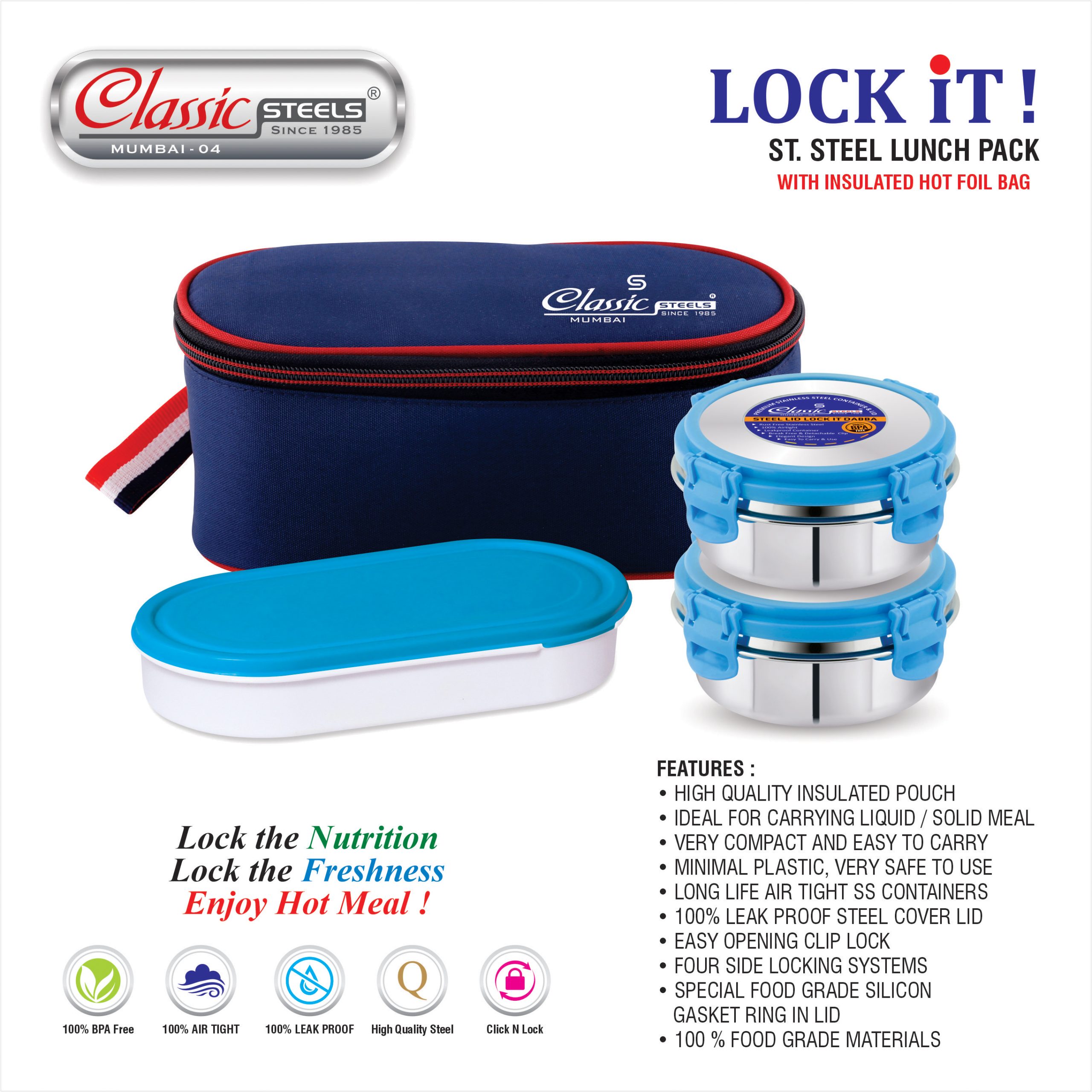 CLASSIC LOCK IT – 2+1 BLUE LUNCH BOX – 5