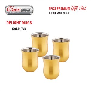 Classic Steels Indica |Delight Gold PVD Double Wall Stainless Steel Mug (Set of 4) 120 ml | Tea & Coffee Cups |Insulated Premium Gift Set for Home Office Wedding & Corporate Gifting