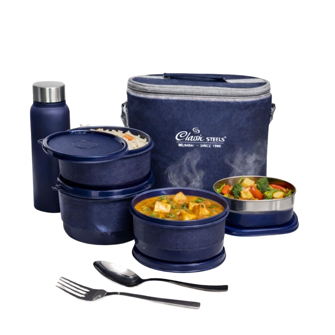 Classic Steels Premium Stainless Steel Lunch Box - URBAN (Set of 5 with Insulated Carry Bag | Includes 4 Leak-Proof Containers & 500ml Water Bottle | BPA Free, Microwave Safe (Steel Inside), Food Grade)