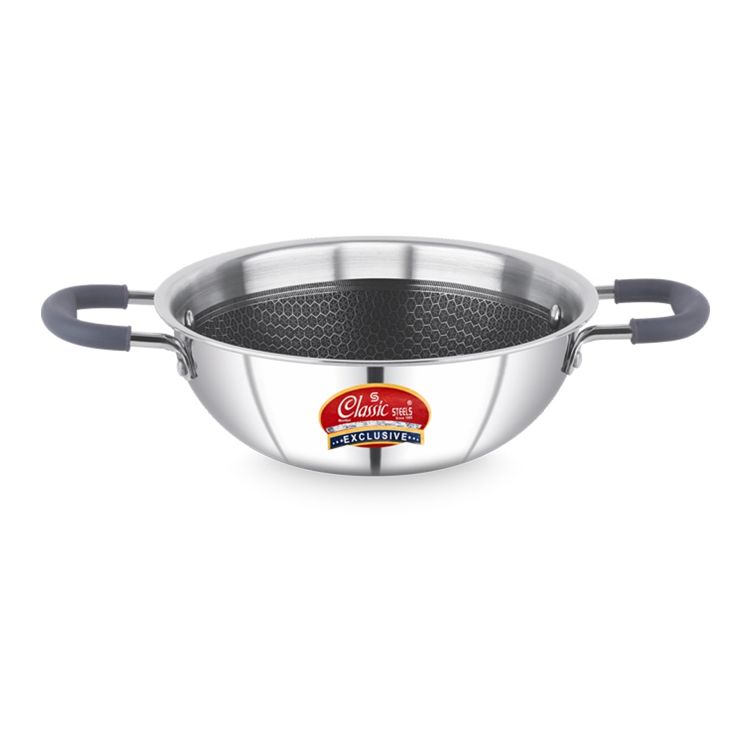 Classic Steels Hexa Comb Triply Kadai Without Lid | Non-Stick Stainless Steel Kadhai for Cooking | Induction & Gas Compatible | 2.5mm Thickness | Durable Stay Cool Silicon Handle