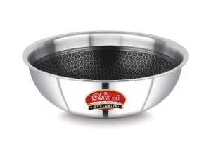 Classic Steels Hexa Comb Triply Tasla Without Lid | Stainless Steel Deep Kadhai | Gas & Induction Compatible | Silver Cookware for Indian Cooking | 2.5mm Thickness