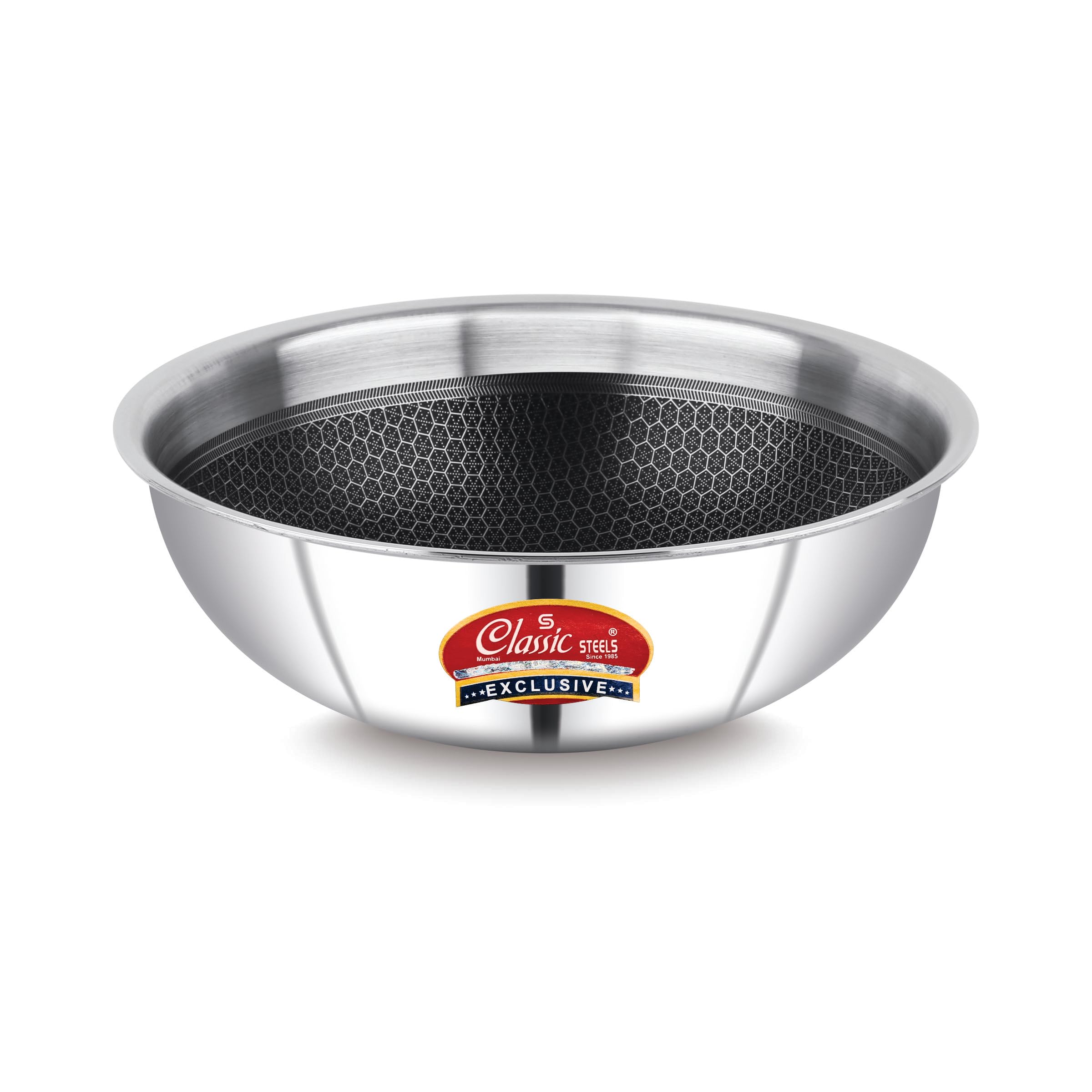 Classic Steels Hexa Comb Triply Tasla Without Lid | Stainless Steel Deep Kadhai | Gas & Induction Compatible | Silver Cookware for Indian Cooking | 2.5mm Thickness