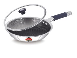 Classic Steels Hexa Comb Triply Frypan with Glass Lid | Stainless Steel Non-Stick Fry Pan | Induction & Gas Compatible | 2.5mm Thickness | Durable Stay Cool Silicon Handle