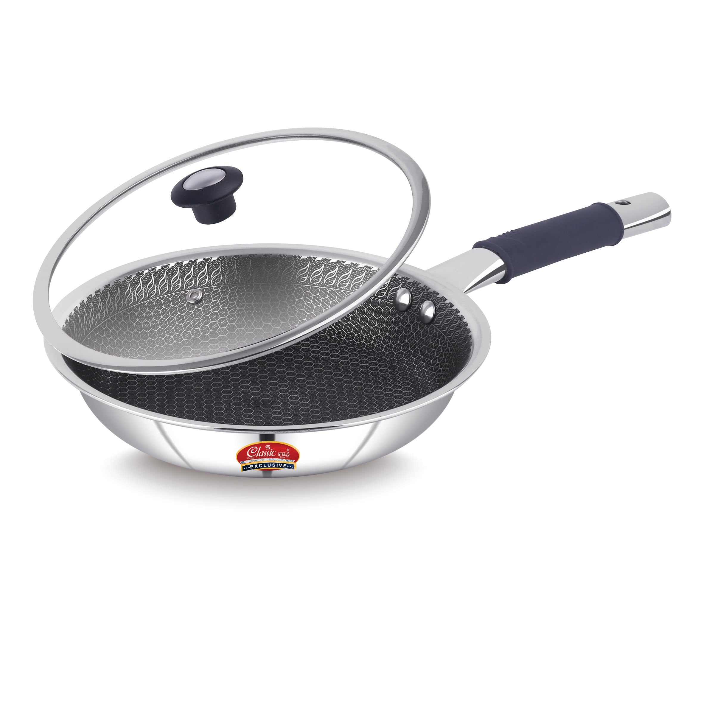 Classic Steels Hexa Comb Triply Frypan with Glass Lid | Stainless Steel Non-Stick Fry Pan | Induction & Gas Compatible | 2.5mm Thickness | Durable Stay Cool Silicon Handle