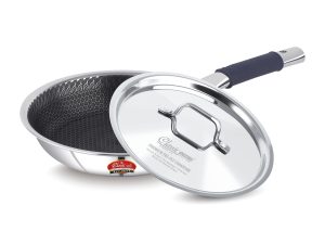 Classic Steels Hexa Comb Triply Frypan with Steel Lid | Stainless Steel Non-Stick Fry Pan | Induction & Gas Compatible | 2.5mm Thickness | Durable Stay Cool Silicon Handle