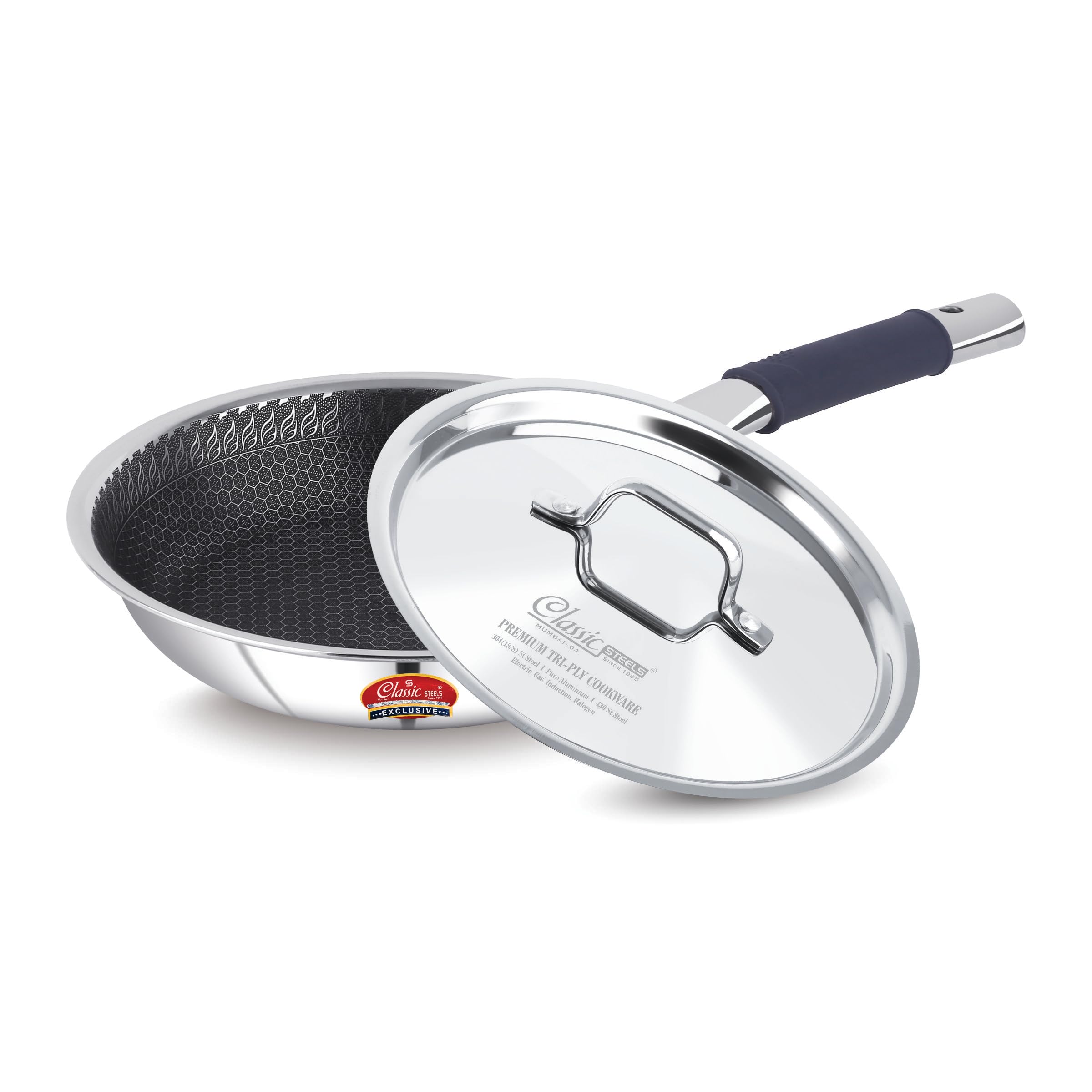 Classic Steels Hexa Comb Triply Frypan with Steel Lid | Stainless Steel Non-Stick Fry Pan | Induction & Gas Compatible | 2.5mm Thickness | Durable Stay Cool Silicon Handle