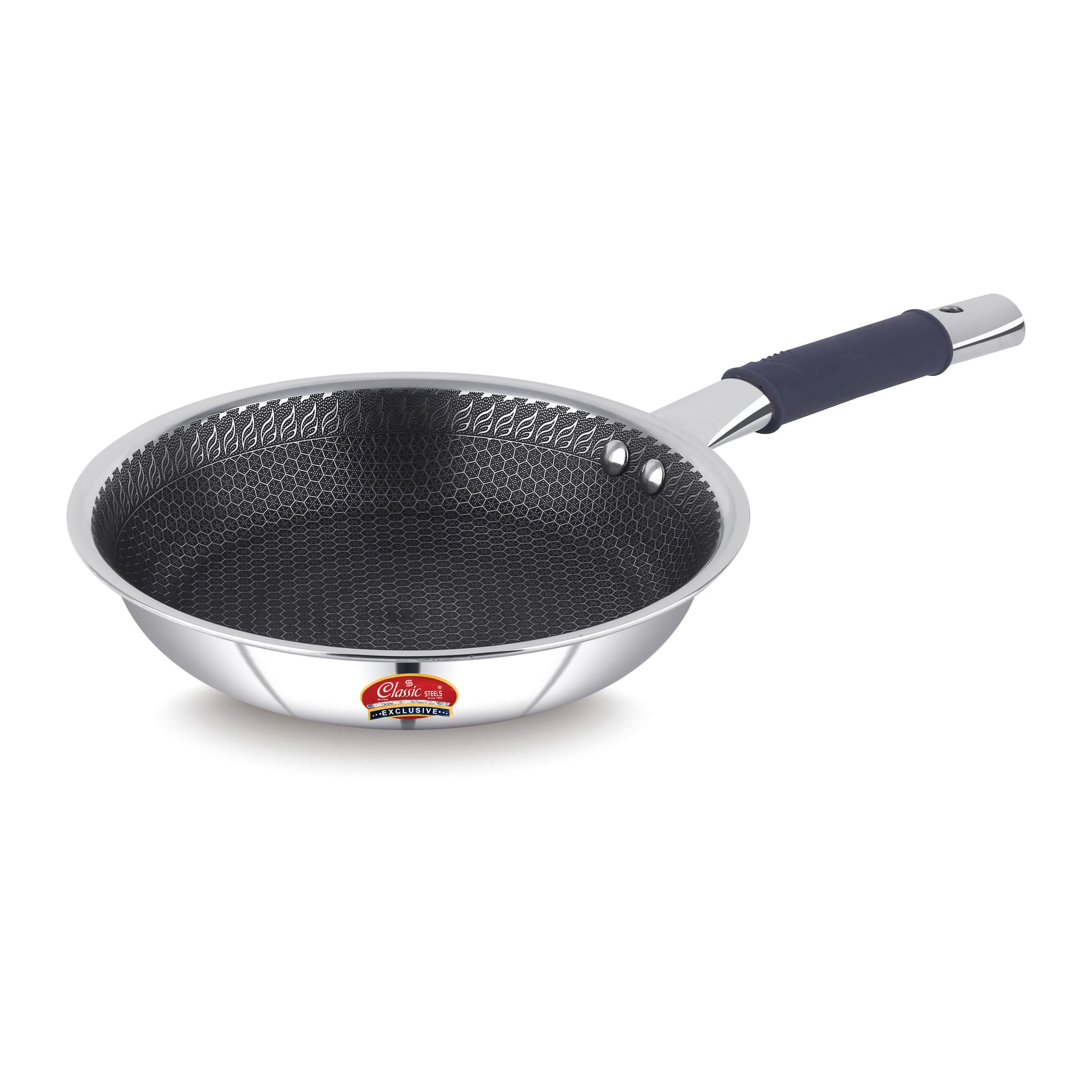 Classic Steels Hexa Comb Triply Frypan without Lid | Stainless Steel Non-Stick Fry Pan | Induction & Gas Compatible | 2.5mm Thickness | Durable Stay Cool Silicon Handle