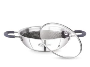 Classic Steels Hexa Comb Triply Kadai with Glass Lid | Stainless Steel Non-Stick Kadhai for Cooking | Gas & Induction Compatible | 2.5mm Thickness | Durable Stay Cool Silicon Handle