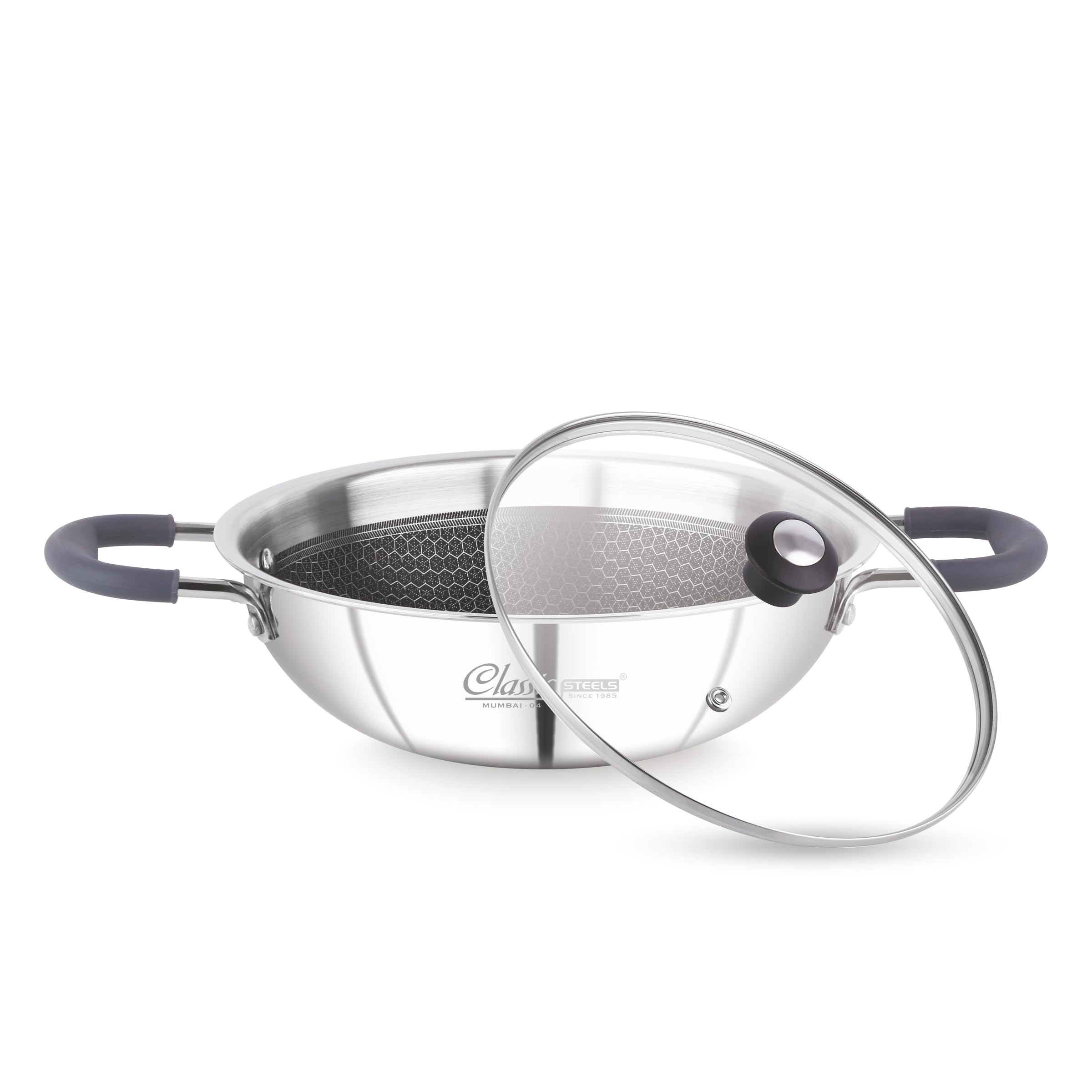 Classic Steels Hexa Comb Triply Kadai with Glass Lid | Stainless Steel Non-Stick Kadhai for Cooking | Gas & Induction Compatible | 2.5mm Thickness | Durable Stay Cool Silicon Handle