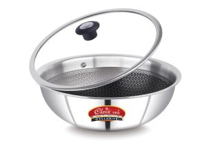 Classic Steels Hexa Comb Triply Stainless Steel Tasla with Glass Lid | Induction & Gas Compatible | Silver | Healthy Oil-Free Cooking | Durable & Rust-Free | 2.5mm Thickness